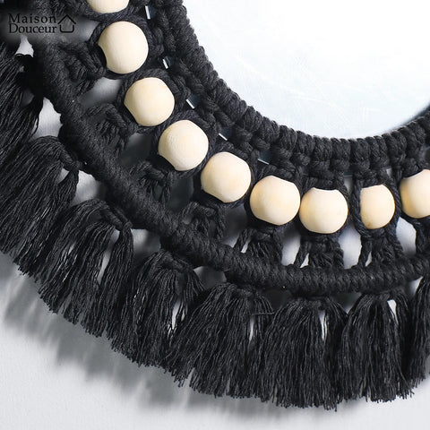 Schwarzer Makramee-Wandspiegel 